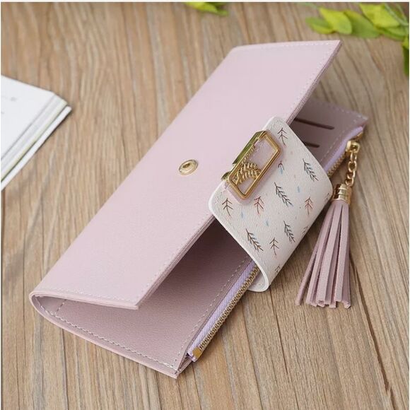 Purple Long PU Leather Wallet For Women Tassel Zipper Card Holder Purse Handbag - Picture 2 of 9